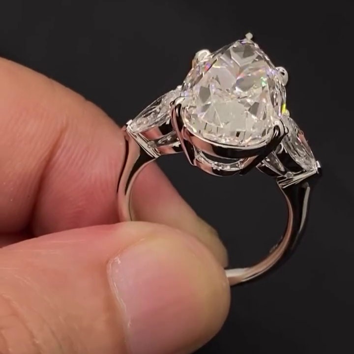 Pear 10.00tcw Lab Grown Diamond Cathedral Three Stone Engagement Ring, EF Color, VS Clarity