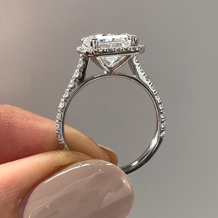 Emerald 2.45tcw Lab Grown Diamond Cathedral Pave Halo Style Engagement Ring, D-E-F Color, VVS-VS Clarity