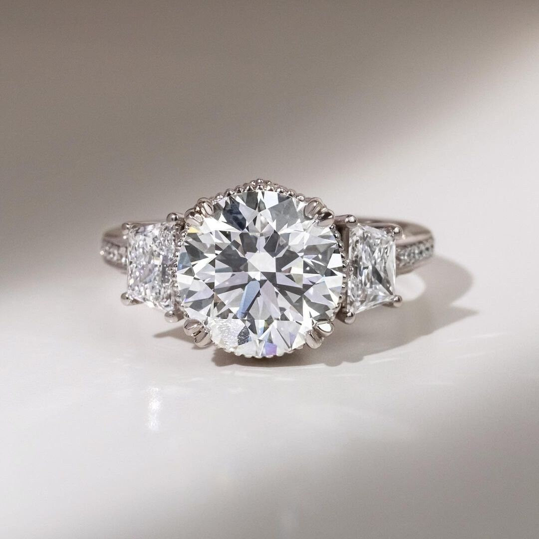 Round 2.50tcw Lab Grown Diamond Vintage Style Trapezoid Three Stone Engagement Ring, D-E-F Color, VVS-VS Clarity