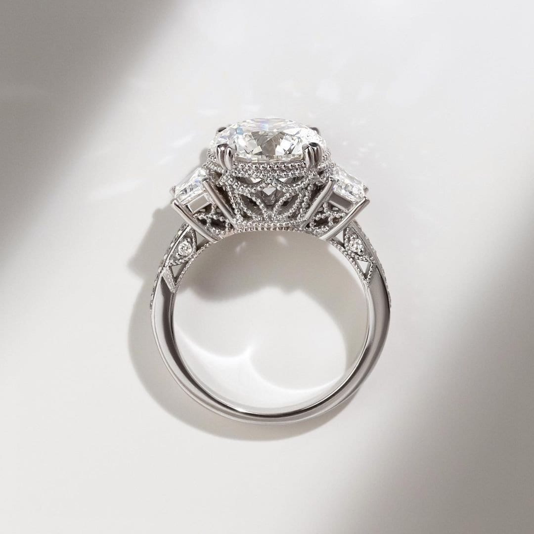 Round 2.50tcw Lab Grown Diamond Vintage Style Trapezoid Three Stone Engagement Ring, D-E-F Color, VVS-VS Clarity