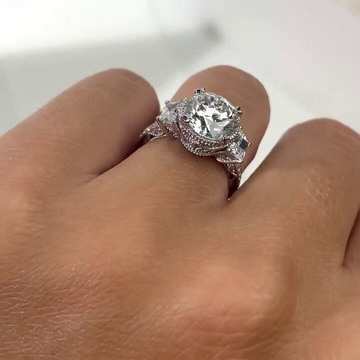 Round 2.50tcw Lab Grown Diamond Vintage Style Trapezoid Three Stone Engagement Ring, D-E-F Color, VVS-VS Clarity