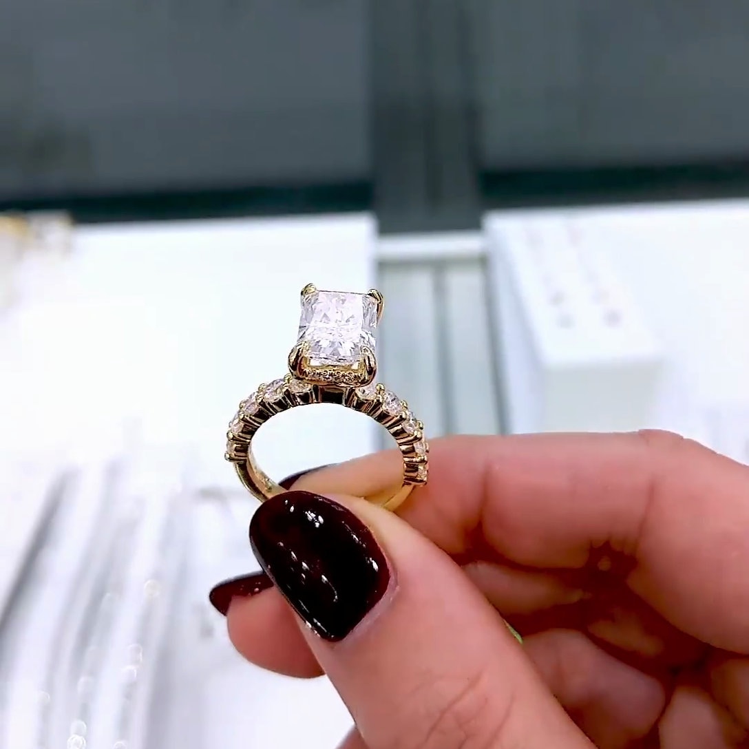 Radiant 4.60tcw Lab Grown Diamond Pave Hidden Halo Engagement Ring, D-E-F Color, VVS-VS Clarity