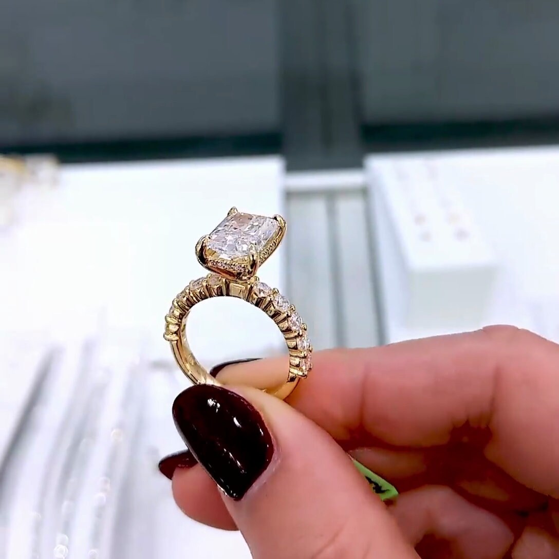 Radiant 4.60tcw Lab Grown Diamond Pave Hidden Halo Engagement Ring, D-E-F Color, VVS-VS Clarity