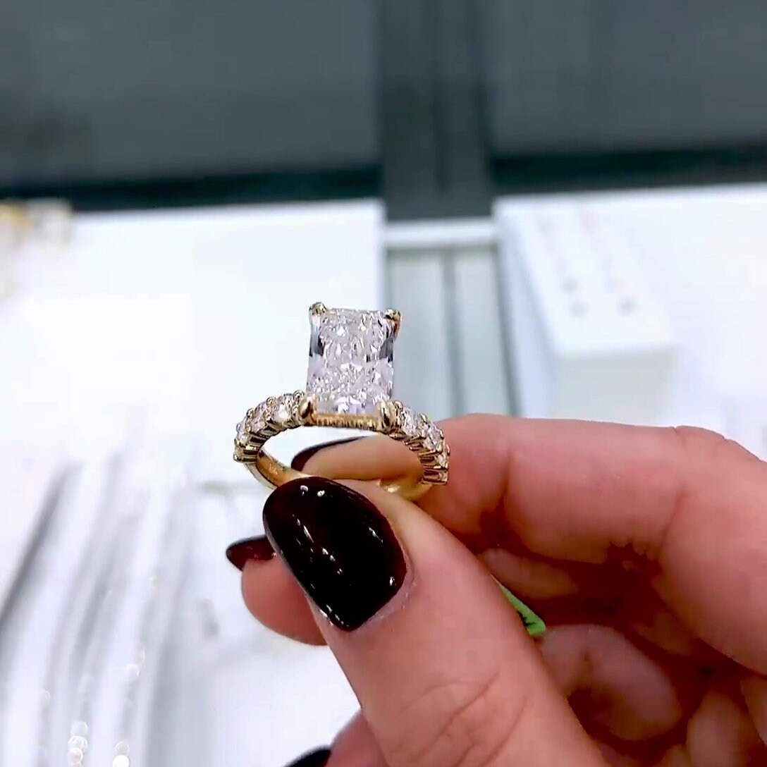 Radiant 4.60tcw Lab Grown Diamond Pave Hidden Halo Engagement Ring, D-E-F Color, VVS-VS Clarity