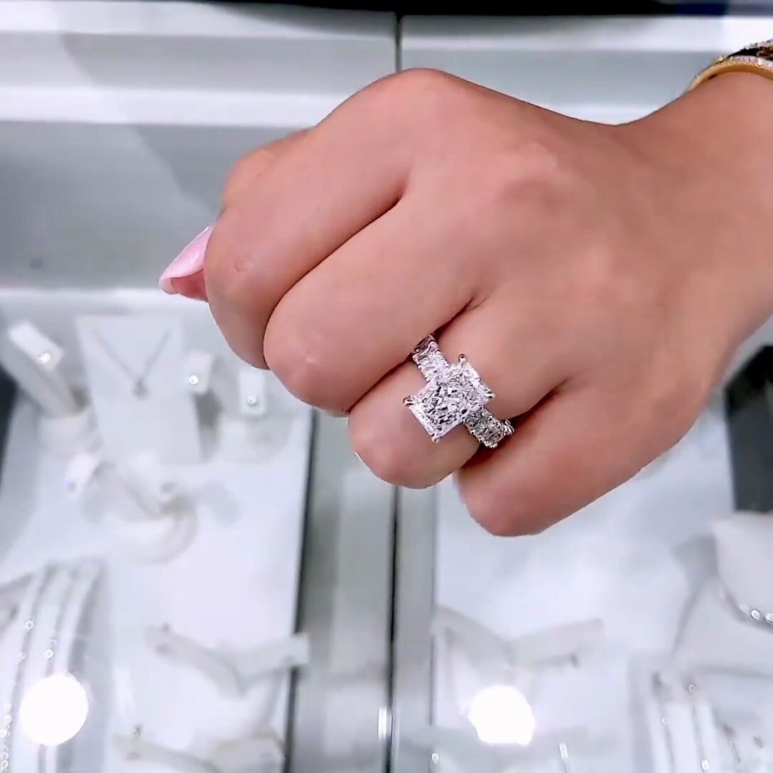 Radiant 5.30tcw Lab Grown Diamond Pave Hidden Halo Engagement Ring, D-E-F Color, VVS-VS Clarity