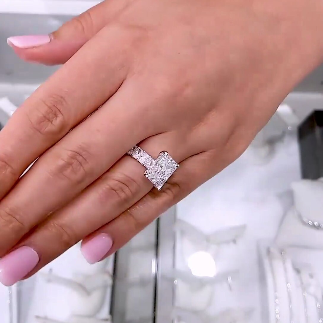 Radiant 5.30tcw Lab Grown Diamond Pave Hidden Halo Engagement Ring, D-E-F Color, VVS-VS Clarity