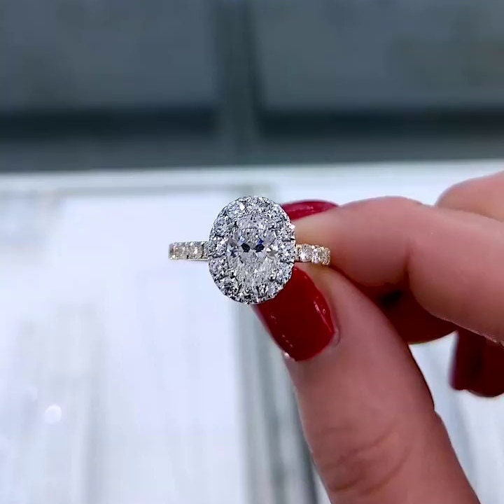 Oval 1.30tcw Lab Grown Diamond Halo Pave-Style Two Tone Engagement Ring, D-E-F Color, VVS - VS Clarity
