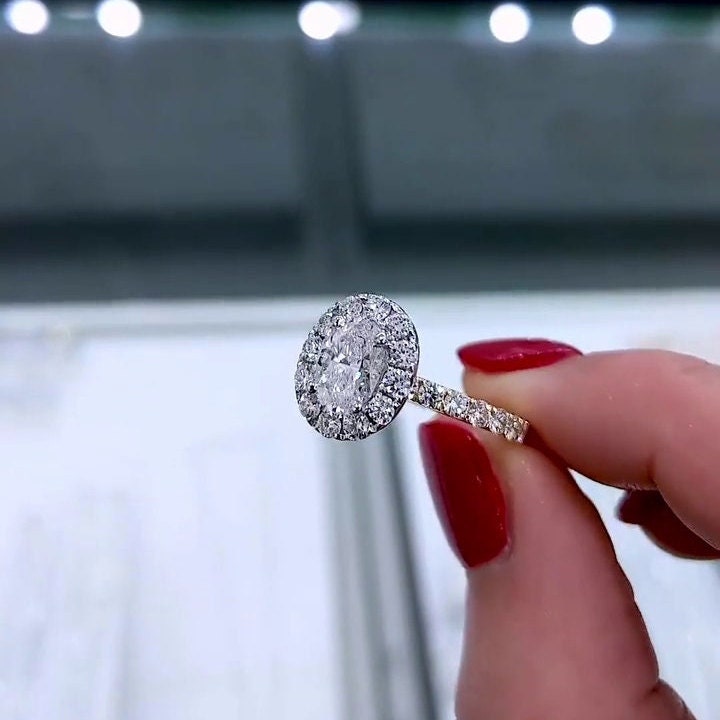 Oval 1.30tcw Lab Grown Diamond Halo Pave-Style Two Tone Engagement Ring, D-E-F Color, VVS - VS Clarity