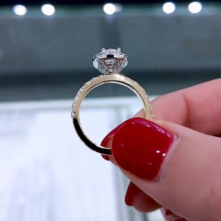 Oval 1.30tcw Lab Grown Diamond Halo Pave-Style Two Tone Engagement Ring, D-E-F Color, VVS - VS Clarity