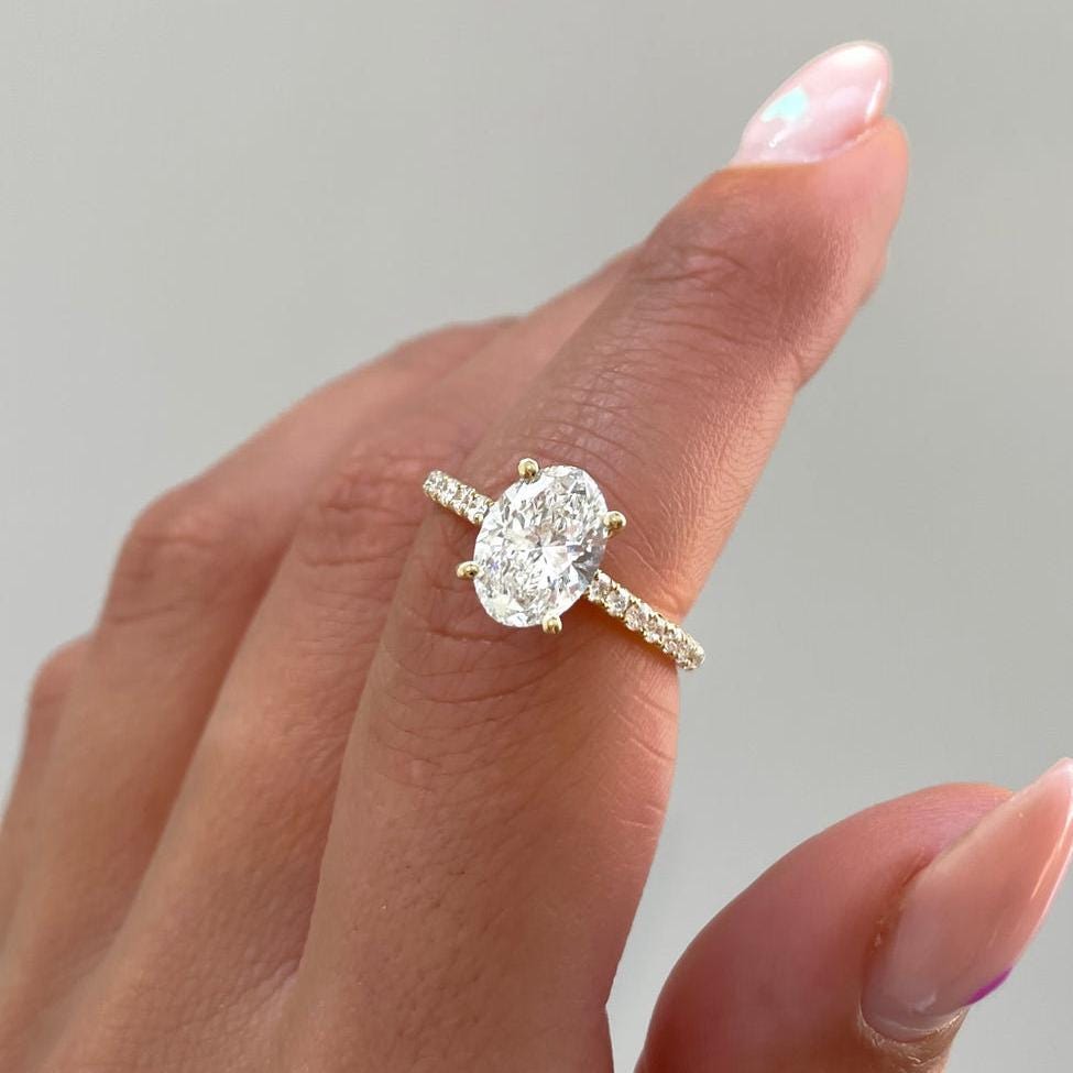 Oval 1.20tcw Lab Grown Diamond Pave Solitaire Engagement Ring, D-E-F Color, VVS-VS Clarity - IGI Certificate