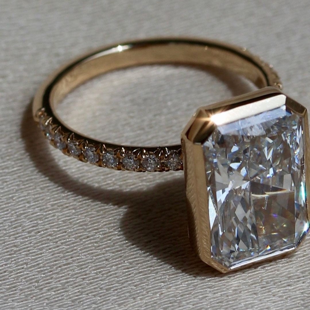 Radiant 5.30tcw Lab Grown Diamond Pave Bezel Set Engagement Ring, D-E-F Color, VVS-VS Clarity