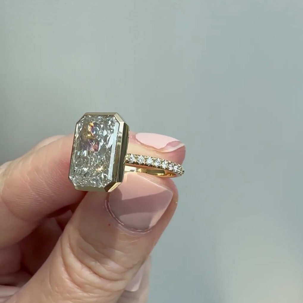Radiant 5.30tcw Lab Grown Diamond Pave Bezel Set Engagement Ring, D-E-F Color, VVS-VS Clarity
