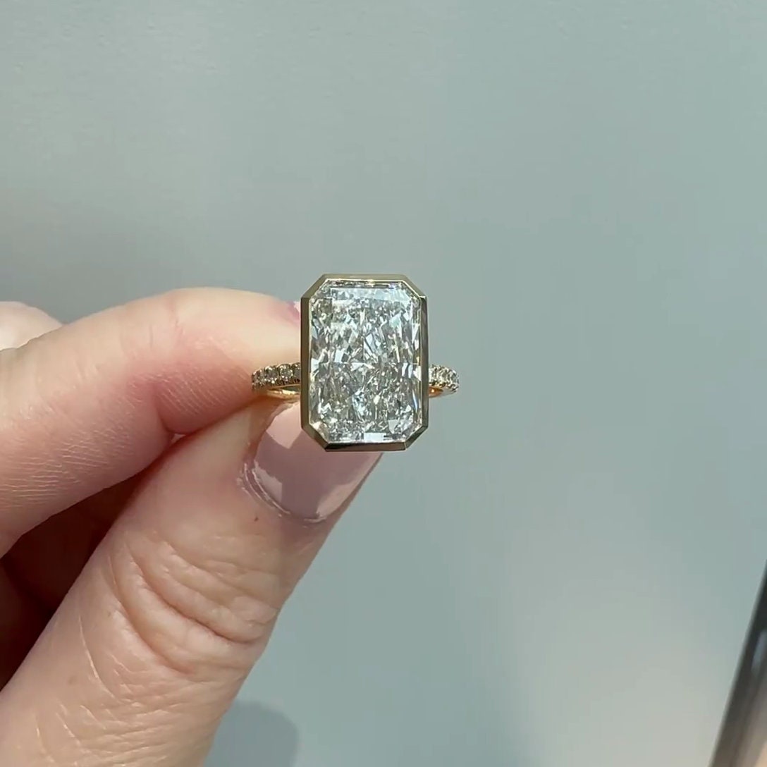 Radiant 5.30tcw Lab Grown Diamond Pave Bezel Set Engagement Ring, D-E-F Color, VVS-VS Clarity