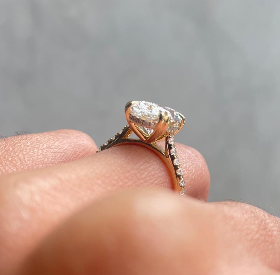 Oval 3.00ct Lab Grown Diamond Double Claws and Pave Hidden Halo Engagement Ring, D-E-F Color, VVS - VS Clarity
