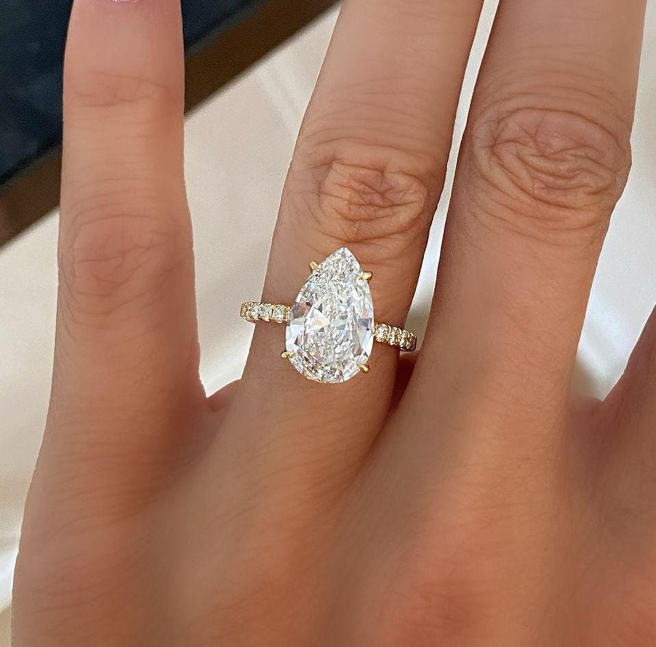 Pear 4.40tcw Lab Grown Diamond Pave Style Engagement Ring, D-E-F Color, VVS-VS Clarity, IGI Certificate