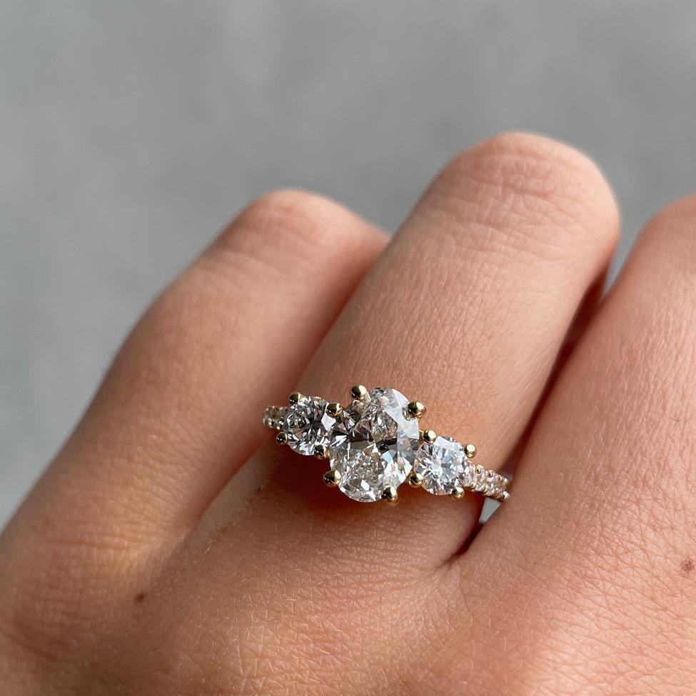 Oval 2.50tcw Lab Grown Diamond Side Stone Band Engagement Ring, D-E-F Color, VVS-VS Clarity