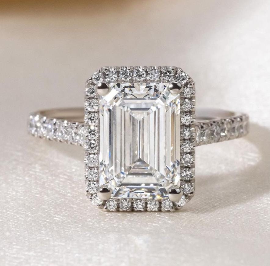 Emerald 2.45tcw Lab Grown Diamond Cathedral Pave Halo Style Engagement Ring, D-E-F Color, VVS-VS Clarity