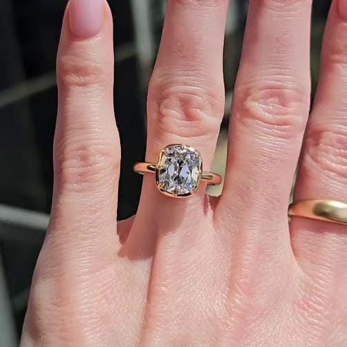 3.00ct Old Mine Cushion Lab Grown Diamond Bezel Engagement Ring | IGI Certified | EF VVS-VS