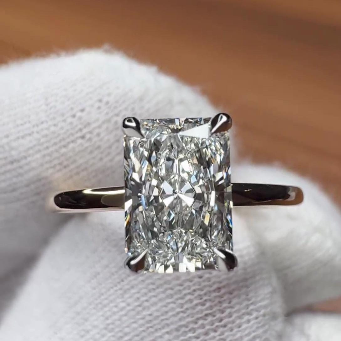 Radiant 5.10ct Lab Grown Diamond Hidden Halo Engagement Ring, D-E-F Color, VVS-VS Clarity