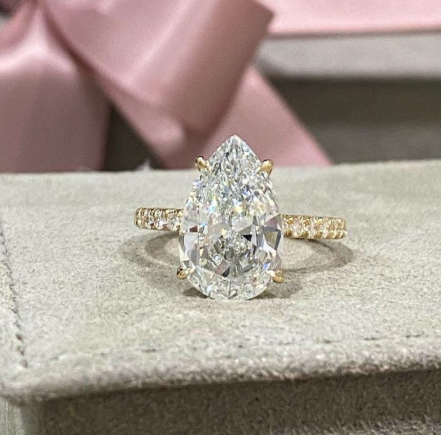 Pear 4.40tcw Lab Grown Diamond Pave Style Engagement Ring, D-E-F Color, VVS-VS Clarity, IGI Certificate