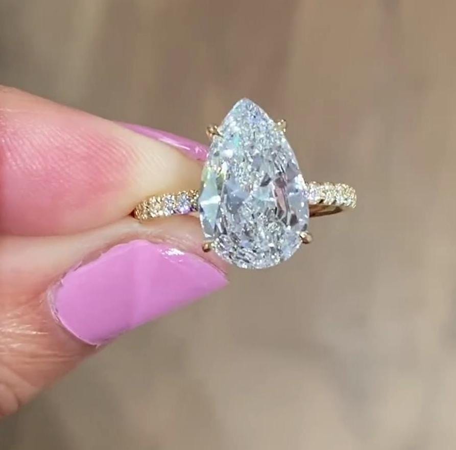 Pear 4.40tcw Lab Grown Diamond Pave Style Engagement Ring, D-E-F Color, VVS-VS Clarity, IGI Certificate