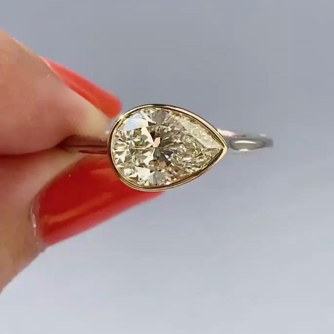 Pear fancy Light Yellow3.00ct Lab Grown Diamond East West Bezel Setting Engagement Ring