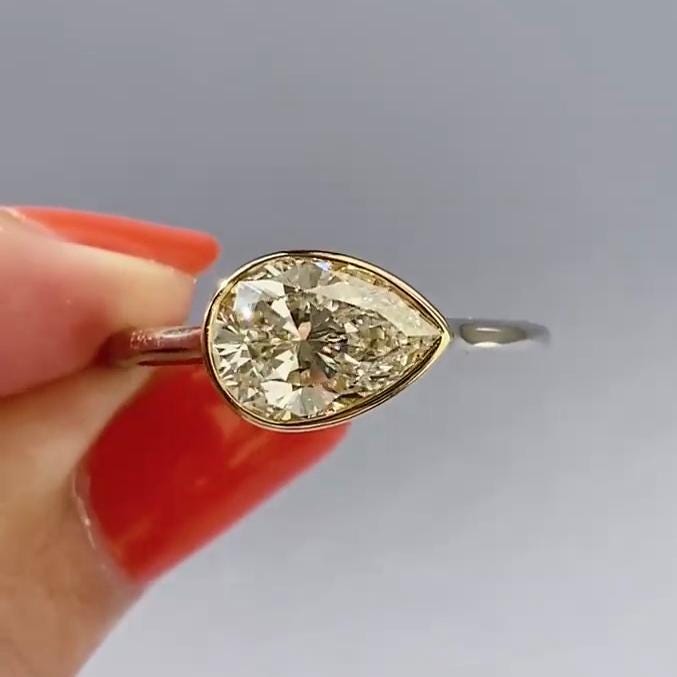 Pear fancy Light Yellow3.00ct Lab Grown Diamond East West Bezel Setting Engagement Ring