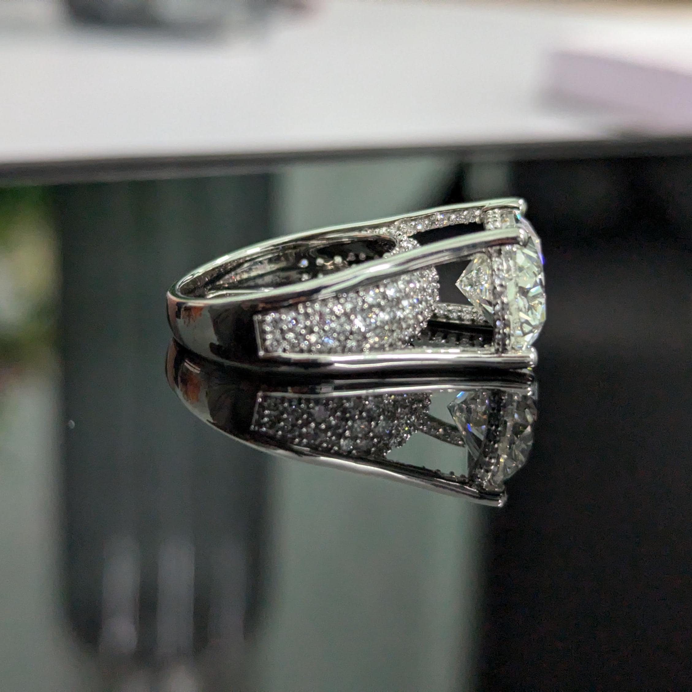 Oval 8.60tcw Lab Grown Diamond East-West Tension Hidden Halo Engagement Ring, EF Color, VS Clarity