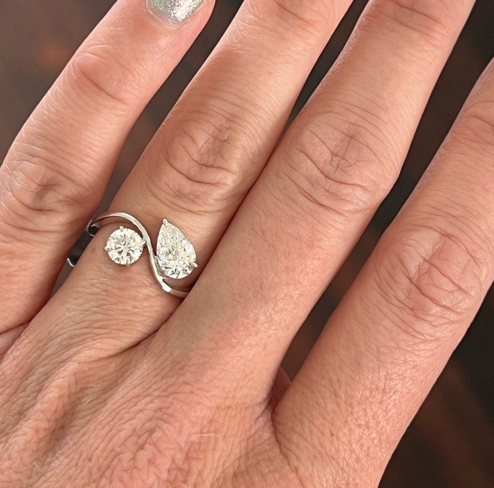 Pear And Round 1.50tcw Lab Grown Diamond Toi Et Moi Engagement Ring, D-E-F Color, VVS-VS Clarity