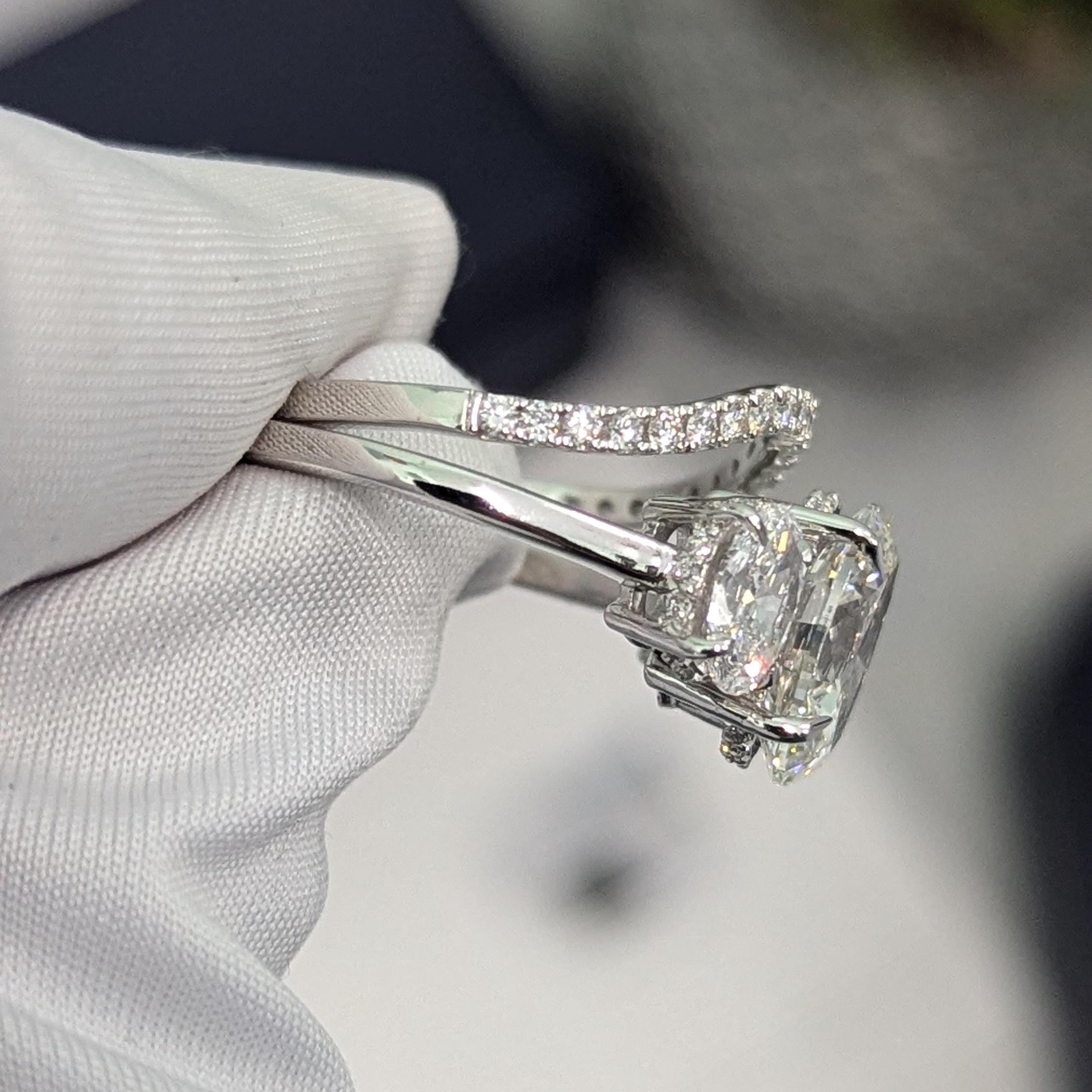 Oval 3.50tcw Lab Grown Diamond Hidden Halo Three Stone Engagement Ring With Band, D-E-F Color, VVS-VS Clarity