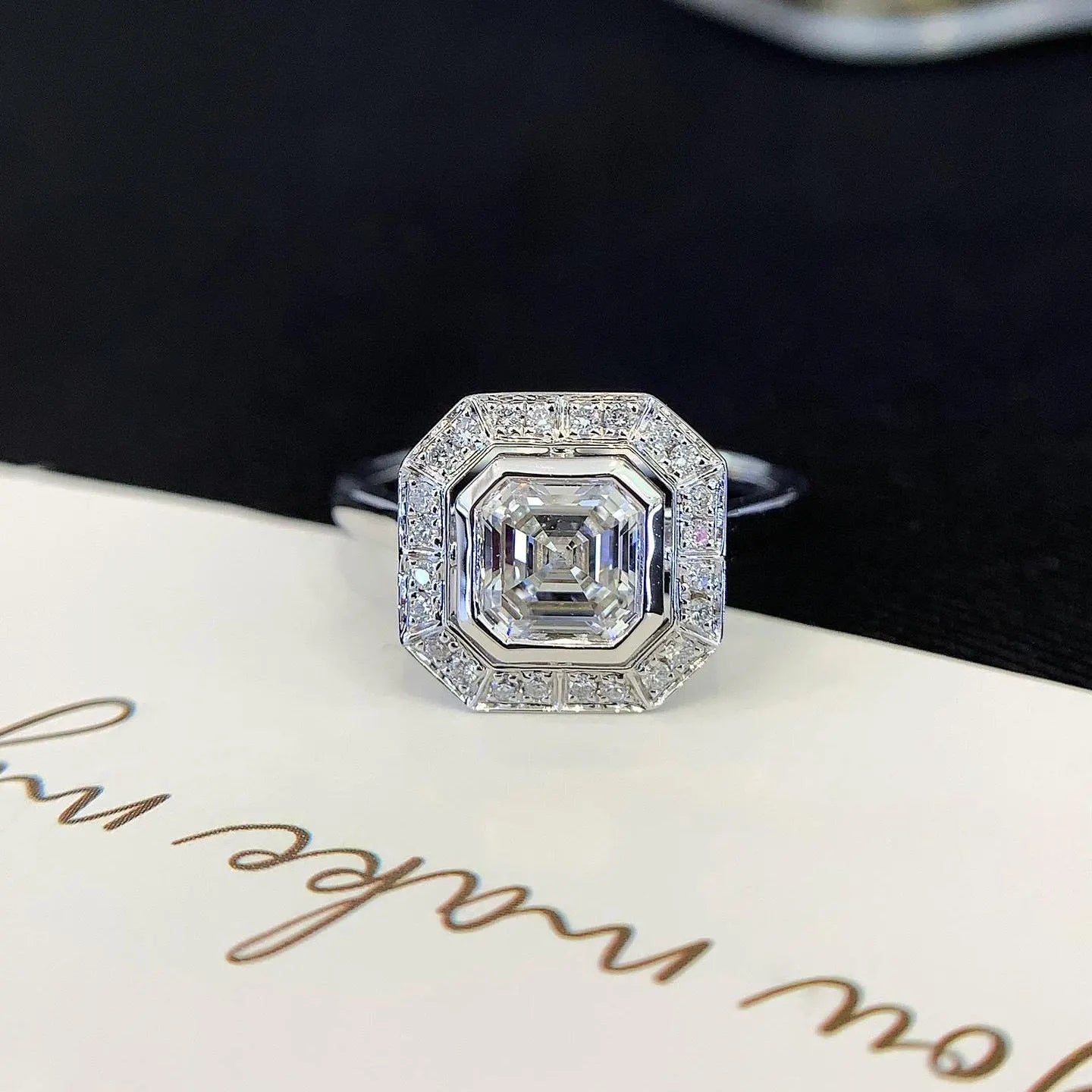 Asscher 2.00tcw Lab Grown Diamond Bezel Set With Halo Setting Cathedral Engagement Ring, D-E-F Color, VVS-VS Clarity