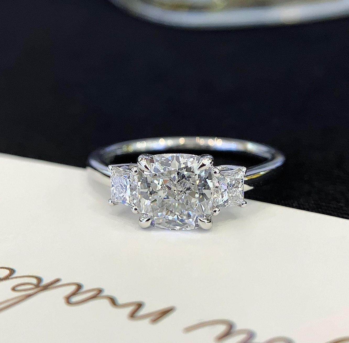 Cushion 2.50tcw Lab Grown Diamond Three Stone Basket Pave Engagement Ring, D-E-F Color, VVS-VS Clarity - IGI Certified