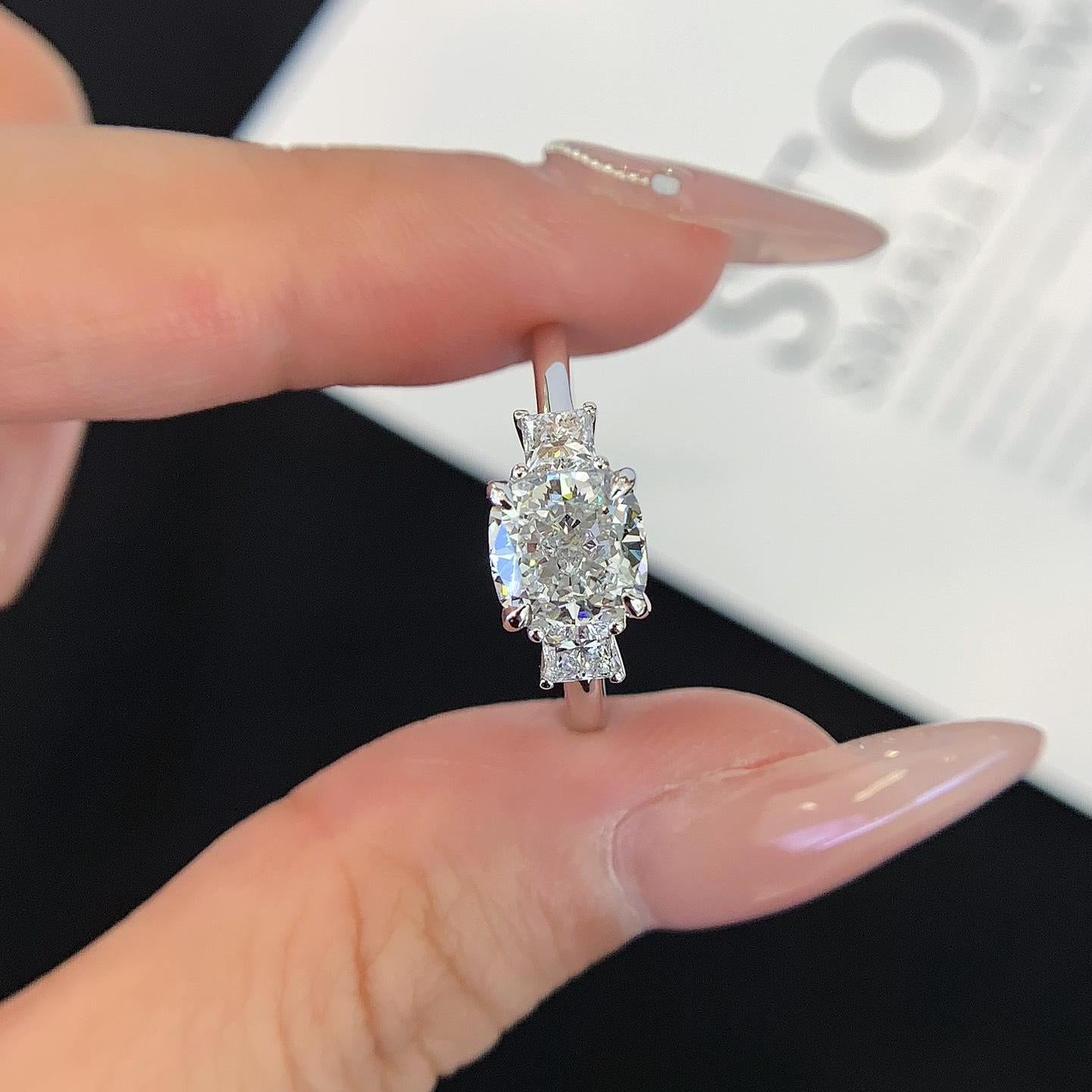 Cushion 2.50tcw Lab Grown Diamond Three Stone Basket Pave Engagement Ring, D-E-F Color, VVS-VS Clarity - IGI Certified