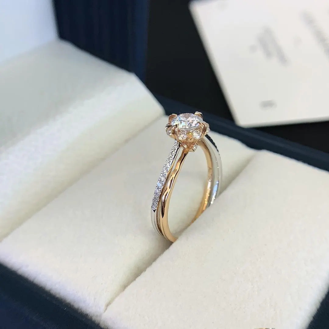Round 0.85tcw Lab Grown Diamond Double Wave Band Accent Set Two Tone Engagement Ring, D-E-F Color, VVS-VS Clarity