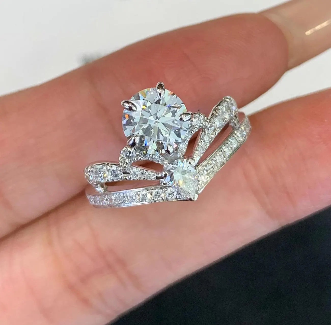 Round And Pear 2.00tcw Lab Grown Diamond Side Stone Unique Design Engagement Ring, D-E-F Color, VVS-VS Clarity - IGI Certified