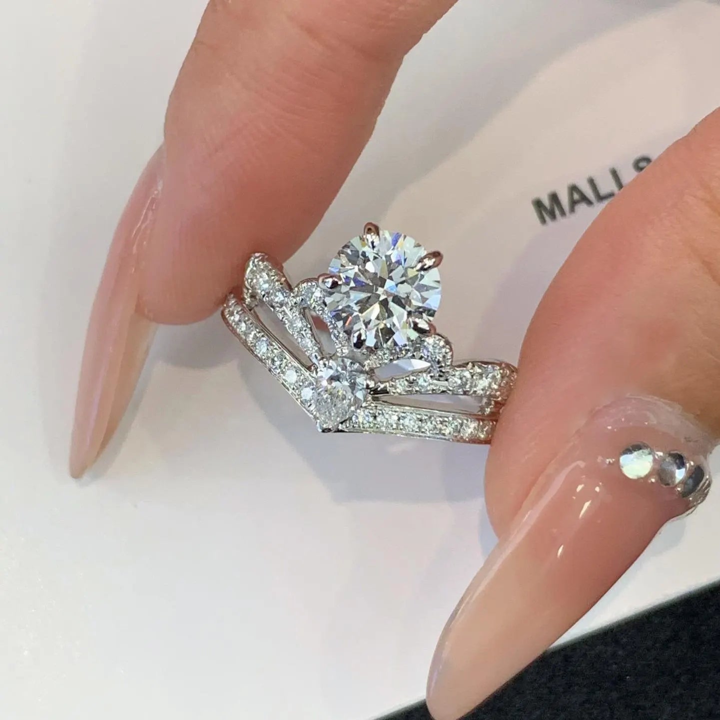 Round And Pear 2.00tcw Lab Grown Diamond Side Stone Unique Design Engagement Ring, D-E-F Color, VVS-VS Clarity - IGI Certified