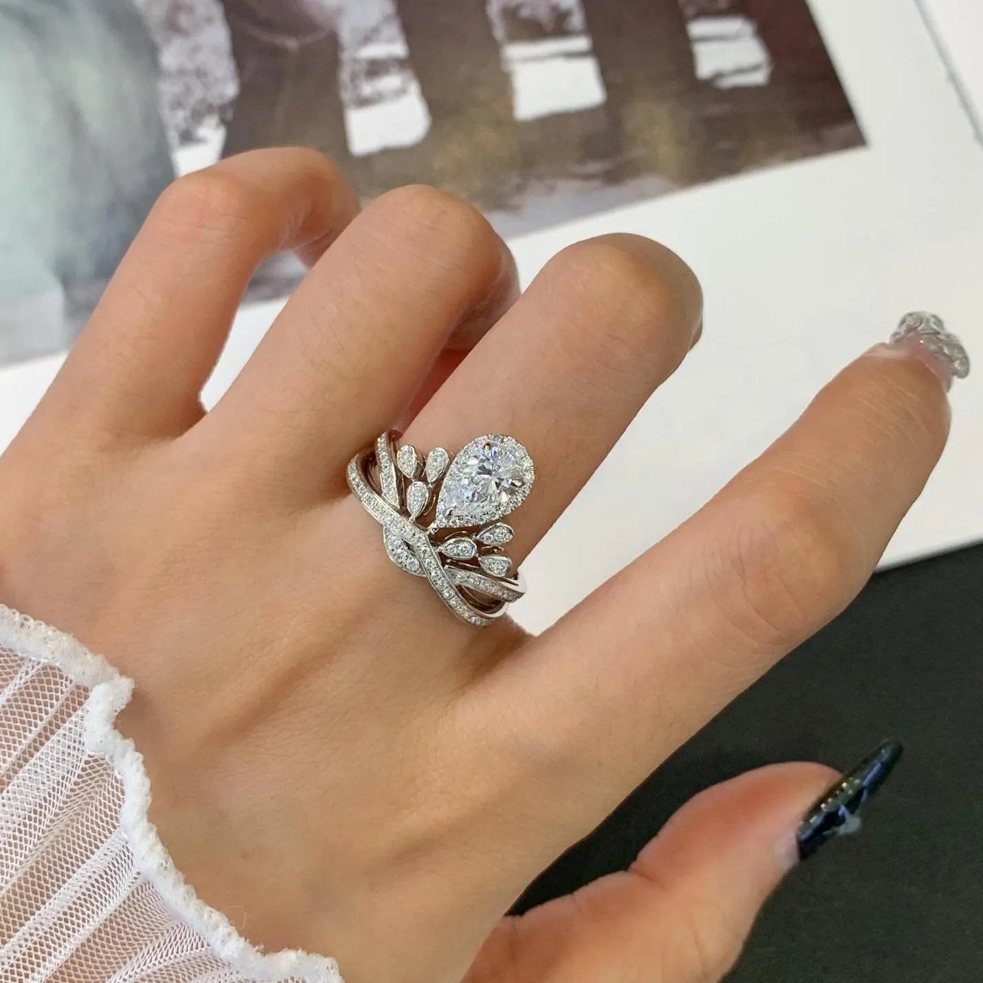 Pear 3.50tcw Lab Grown Diamond Halo Side Stone With Unique Design Engagement Ring, D-E-F Color, VVS-VS Clarity - IGI Certified