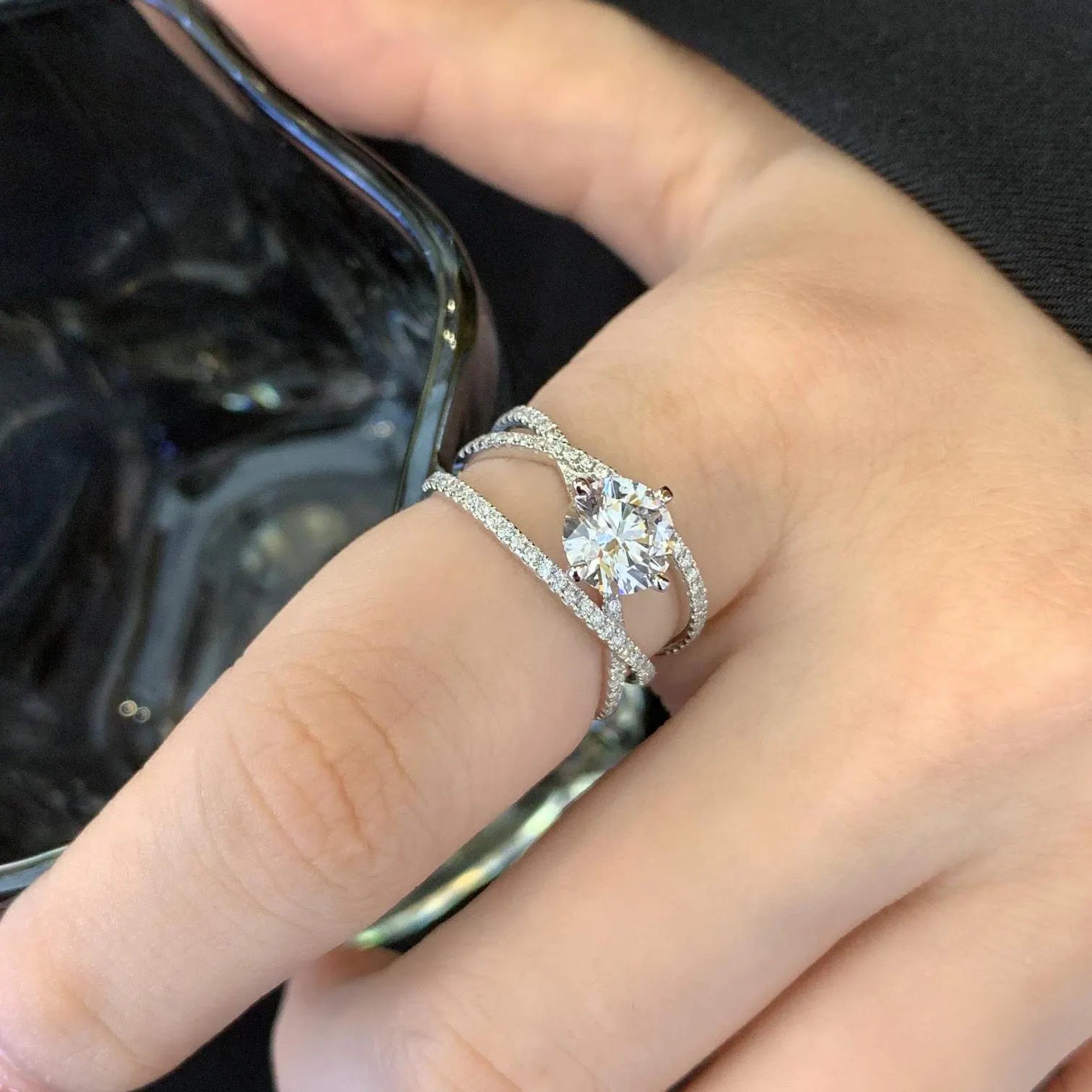 Round 2.00tcw Lab Grown Diamond Tripple Wave Band Engagement Ring, D-E-F Color, VVS-VS Clarity - IGI Certified