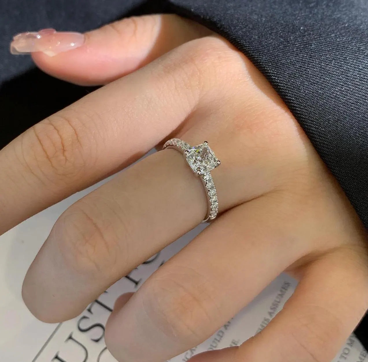 Cushion 1.20tcw Lab Grown Diamond Solitaire Basket Pave Engagement Ring, D-E-F Color, VVS-VS Clarity - IGI Certified