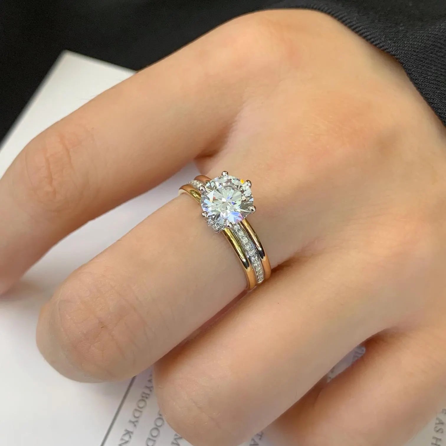 Round 1.70tcw Lab Grown Diamond Two Tone Triple Band Hidden Halo Engagement Ring, D-E-F Color, VVS-VS Clarity
