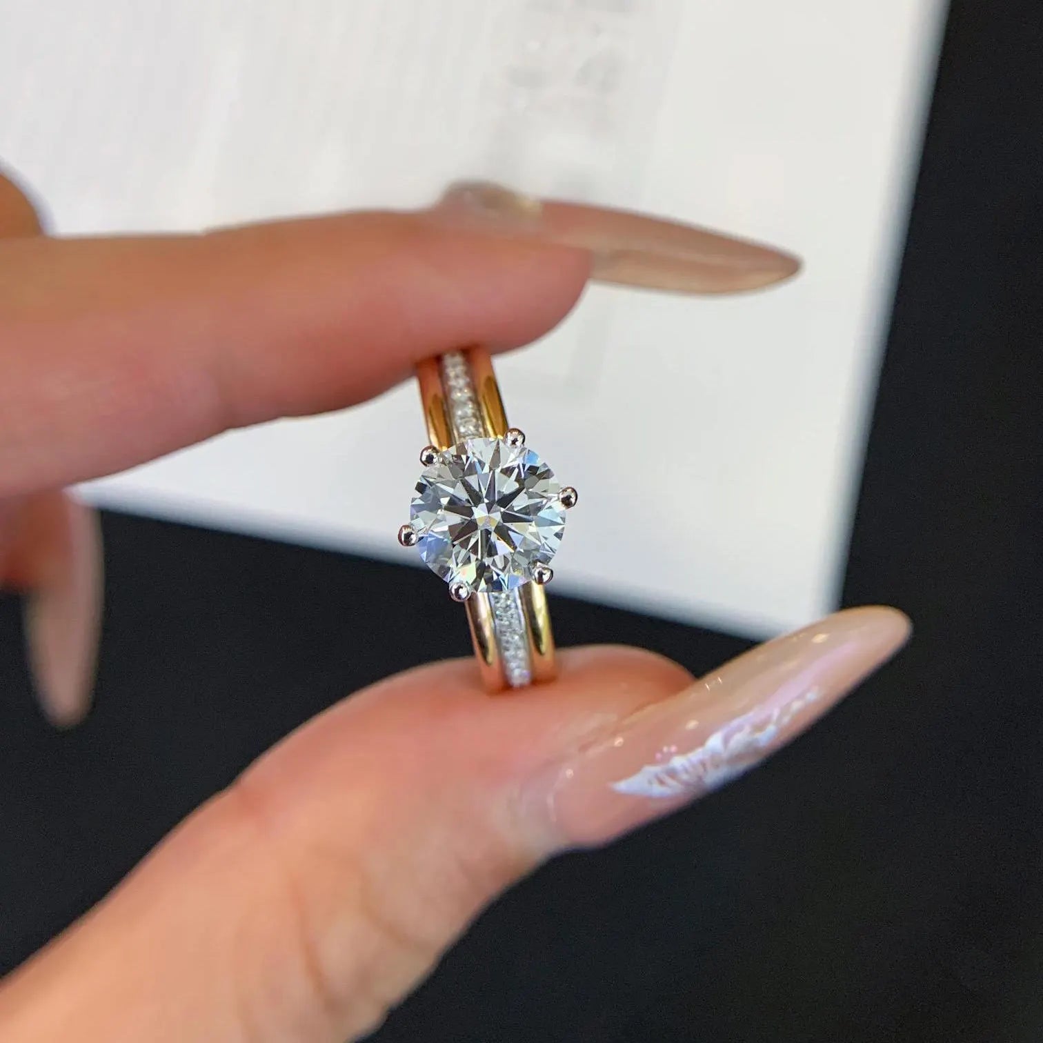 Round 1.70tcw Lab Grown Diamond Two Tone Triple Band Hidden Halo Engagement Ring, D-E-F Color, VVS-VS Clarity
