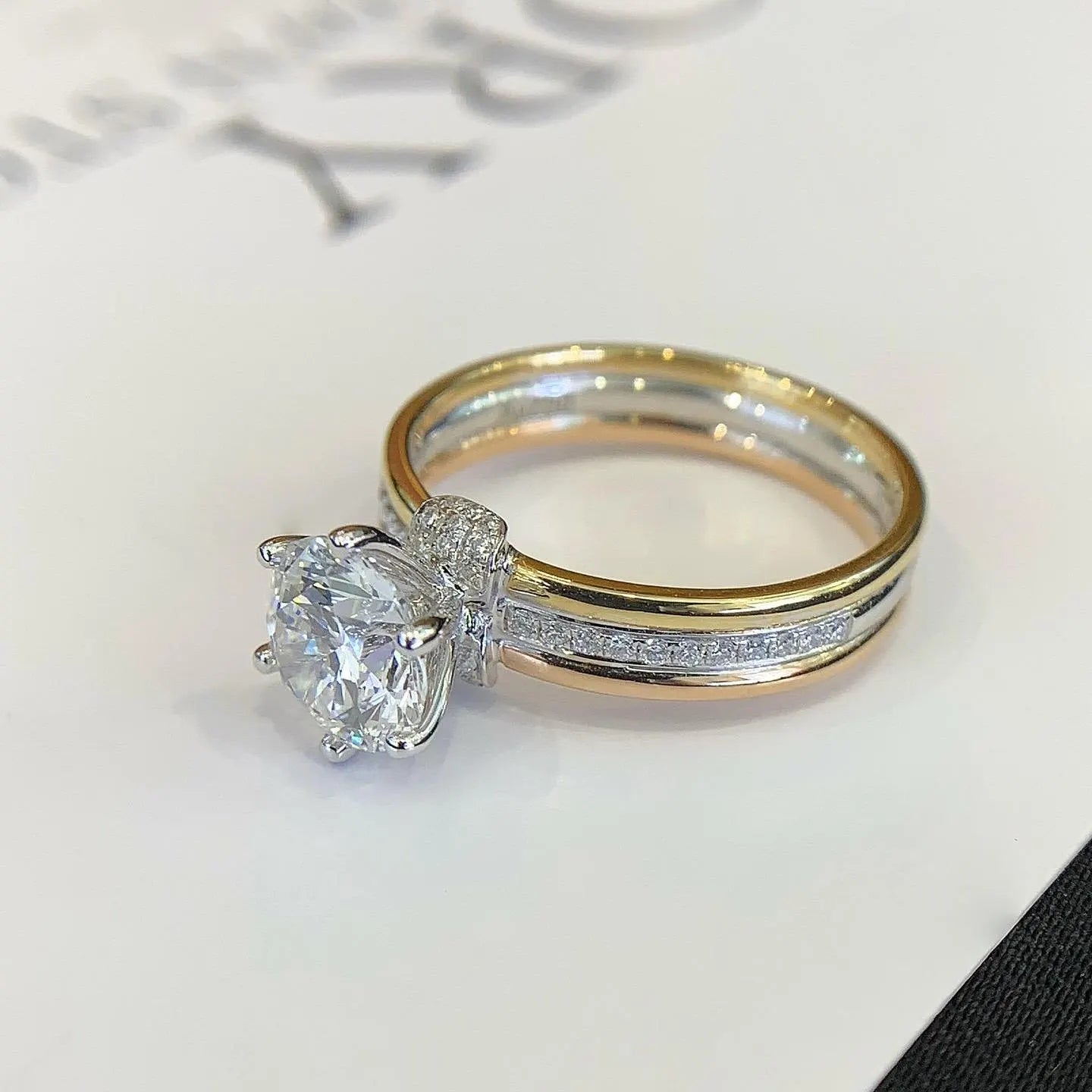 Round 1.70tcw Lab Grown Diamond Two Tone Triple Band Hidden Halo Engagement Ring, D-E-F Color, VVS-VS Clarity