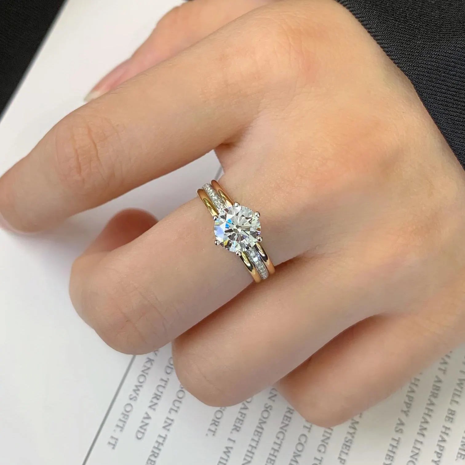 Round 1.70tcw Lab Grown Diamond Two Tone Triple Band Hidden Halo Engagement Ring, D-E-F Color, VVS-VS Clarity