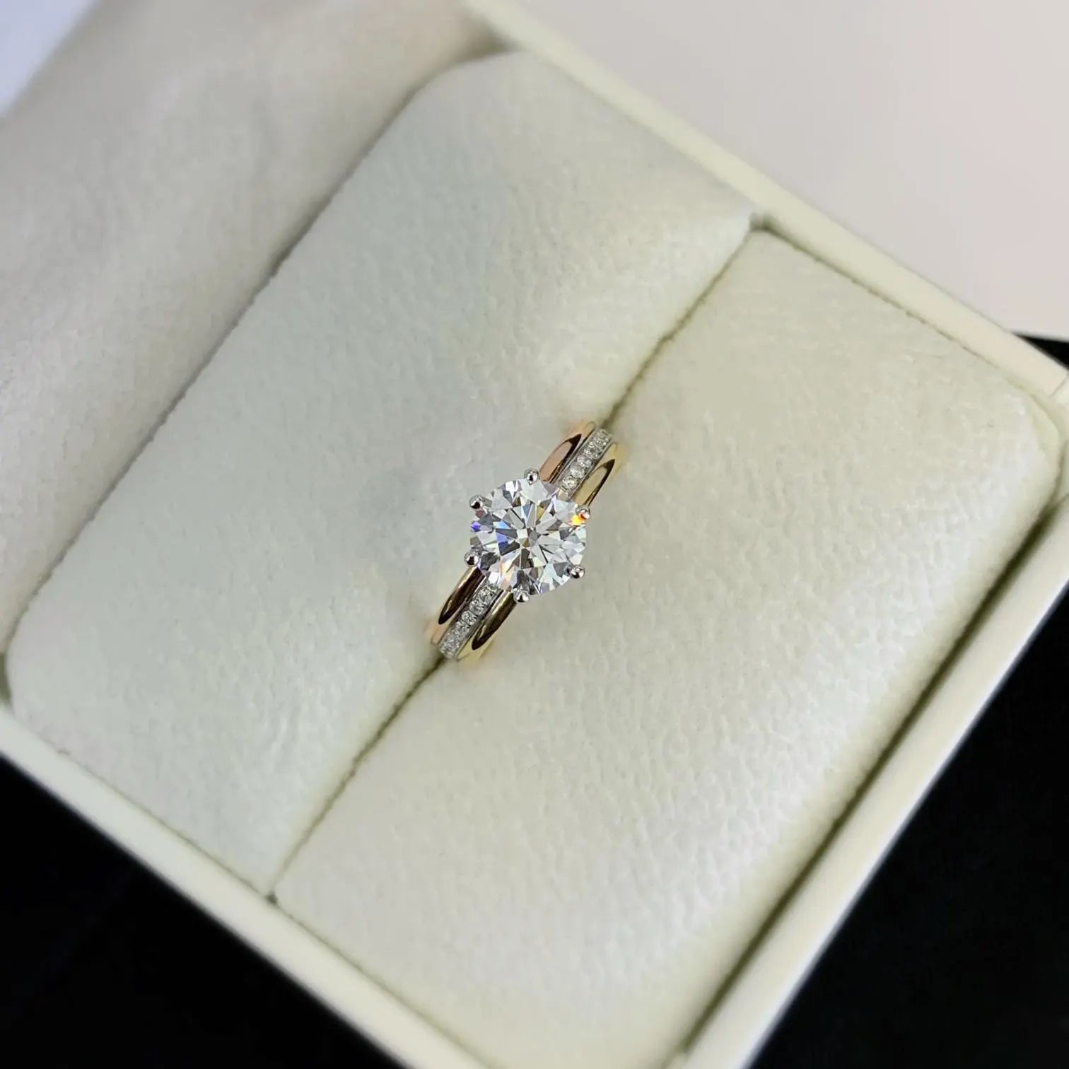 Round 1.70tcw Lab Grown Diamond Two Tone Triple Band Hidden Halo Engagement Ring, D-E-F Color, VVS-VS Clarity