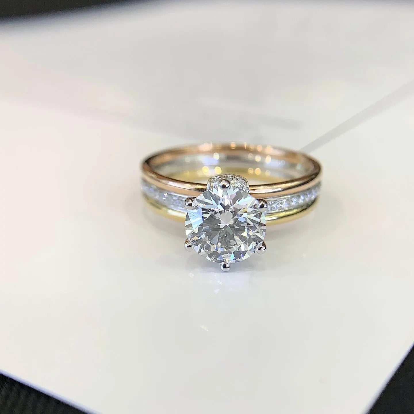 Round 1.70tcw Lab Grown Diamond Two Tone Triple Band Hidden Halo Engagement Ring, D-E-F Color, VVS-VS Clarity