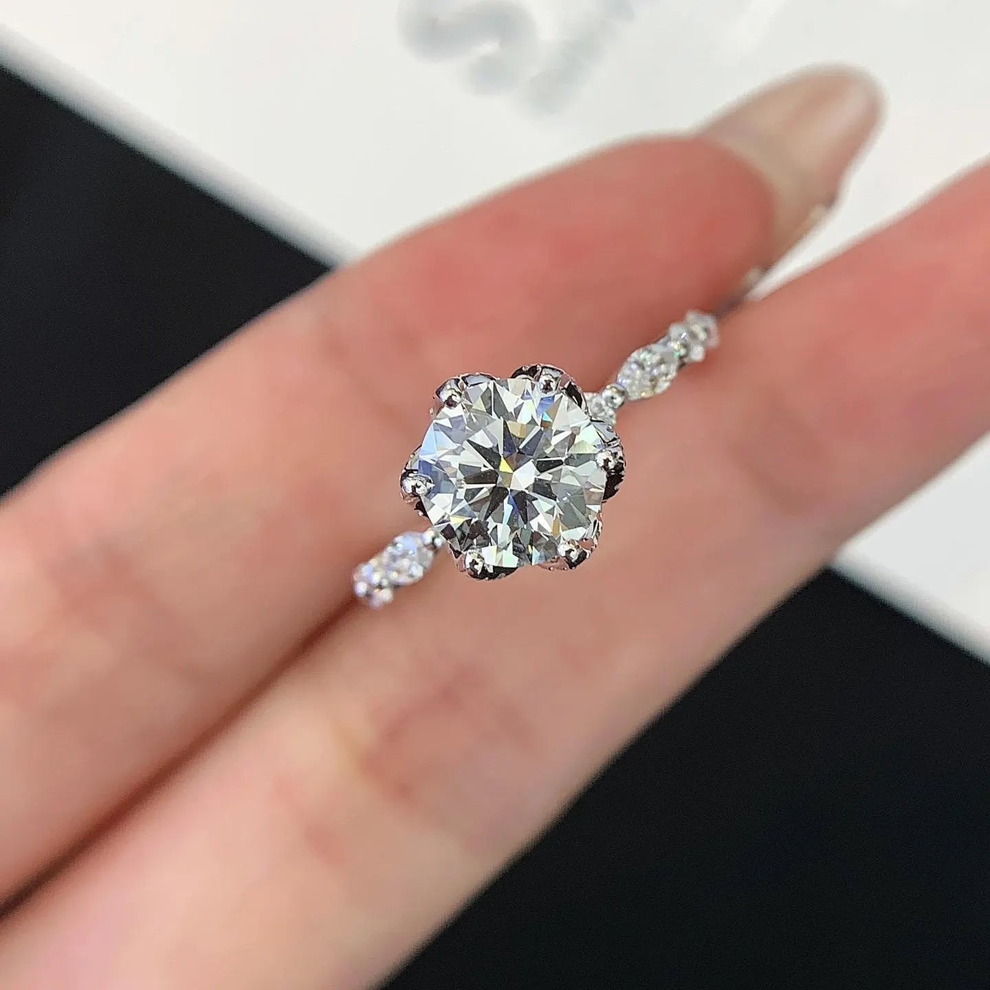 Round 1.80tcw Lab Grown Diamond 6 Unique Design Prong Engagement Ring, D-E-F Color, VVS-VS Clarity - IGI Certified