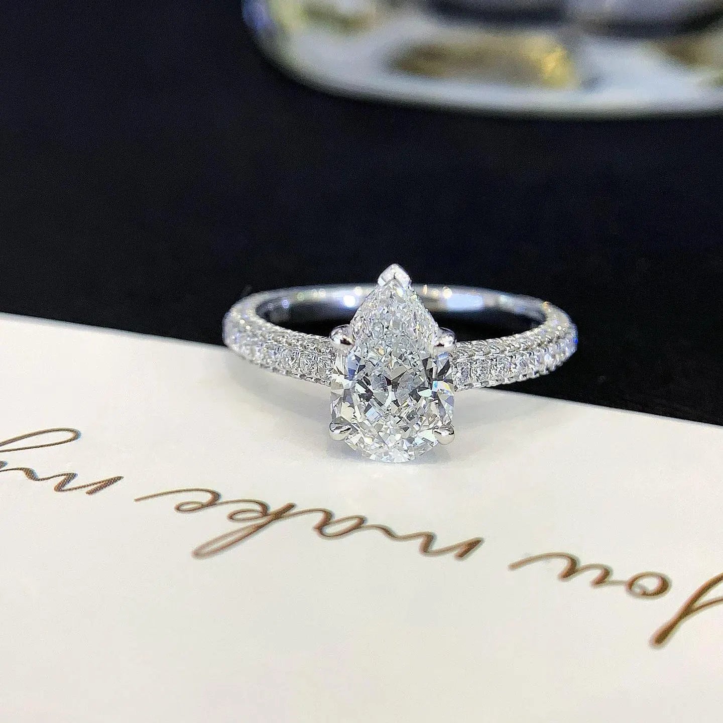 Pear 2.80tcw Lab Grown Diamond 5 Prong Solitaire Pave Engagement Ring, D-E-F Color, VVS-VS Clarity - IGI Certified