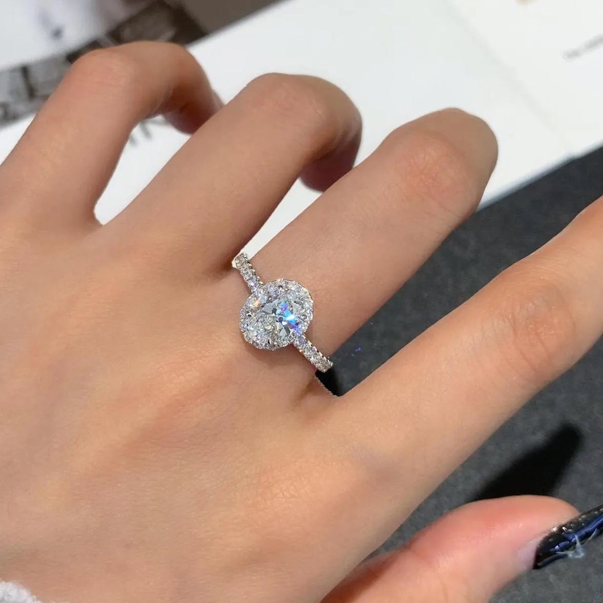Oval 1.40tcw Lab Grown Diamond Halo Pave Engagement Ring, D-E-F Color, VVS - VS Clarity - IGI Certificate