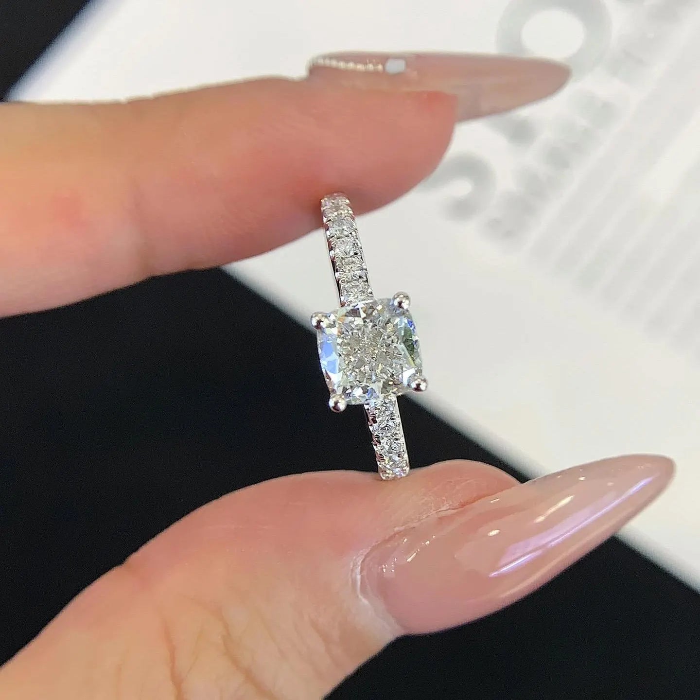 Cushion 1.20tcw Lab Grown Diamond Solitaire Basket Pave Engagement Ring, D-E-F Color, VVS-VS Clarity - IGI Certified