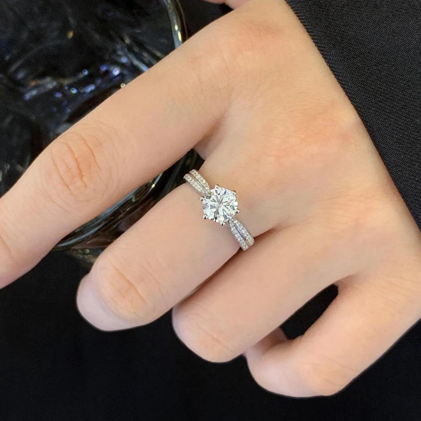 Round 1.20tcw Lab Grown Diamond Double Band Cathedral Shank Engagement Ring, D-E-F Color, VVS-VS Clarity - IGI Certified